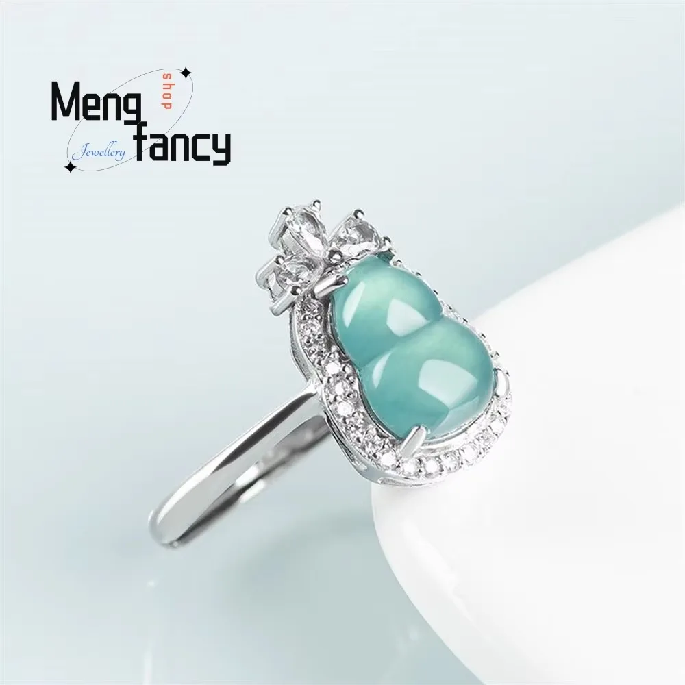 

S925 Silver Inlaid Natural A-goods Jadeite Blue Water Gourd Ice Jade Ring Adjustable Exquisite Elegant Luxury Fashion Jewelry