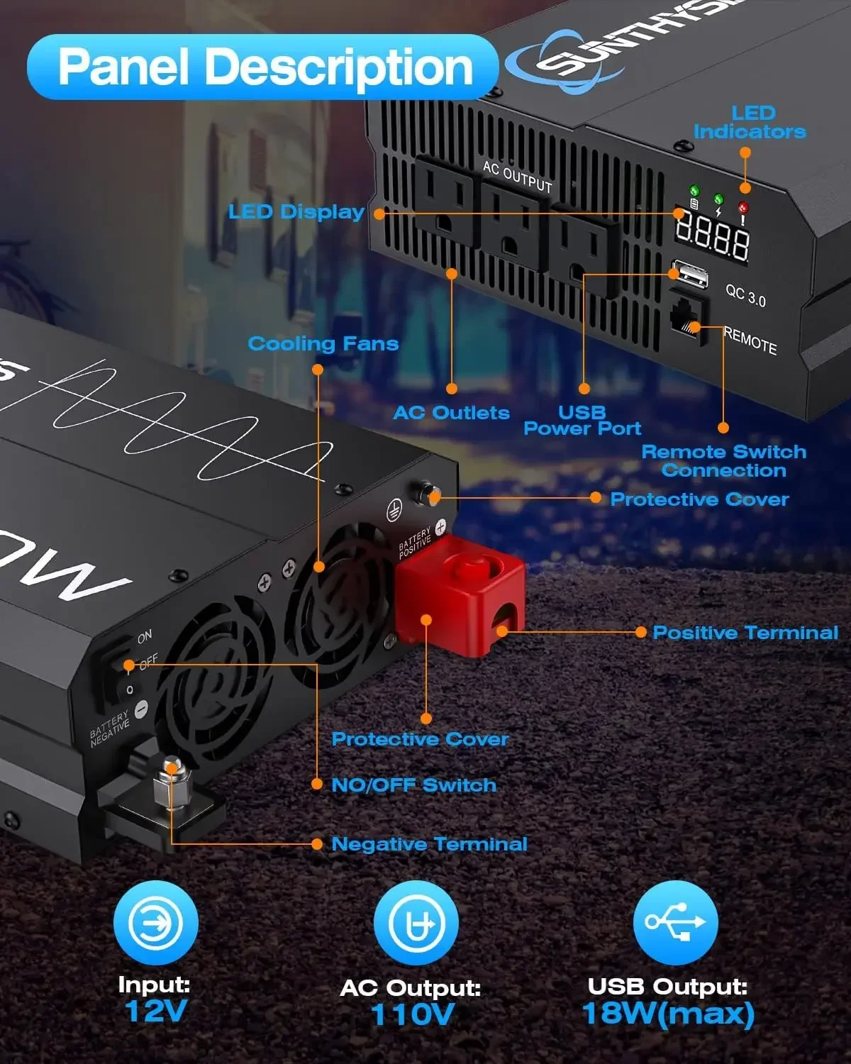 Inverter gelombang sinus murni 2000W, 12V DC ke 120V AC konverter untuk rumah RV berkemah Off-Grid Inverter daya surya 12V hingga 110V