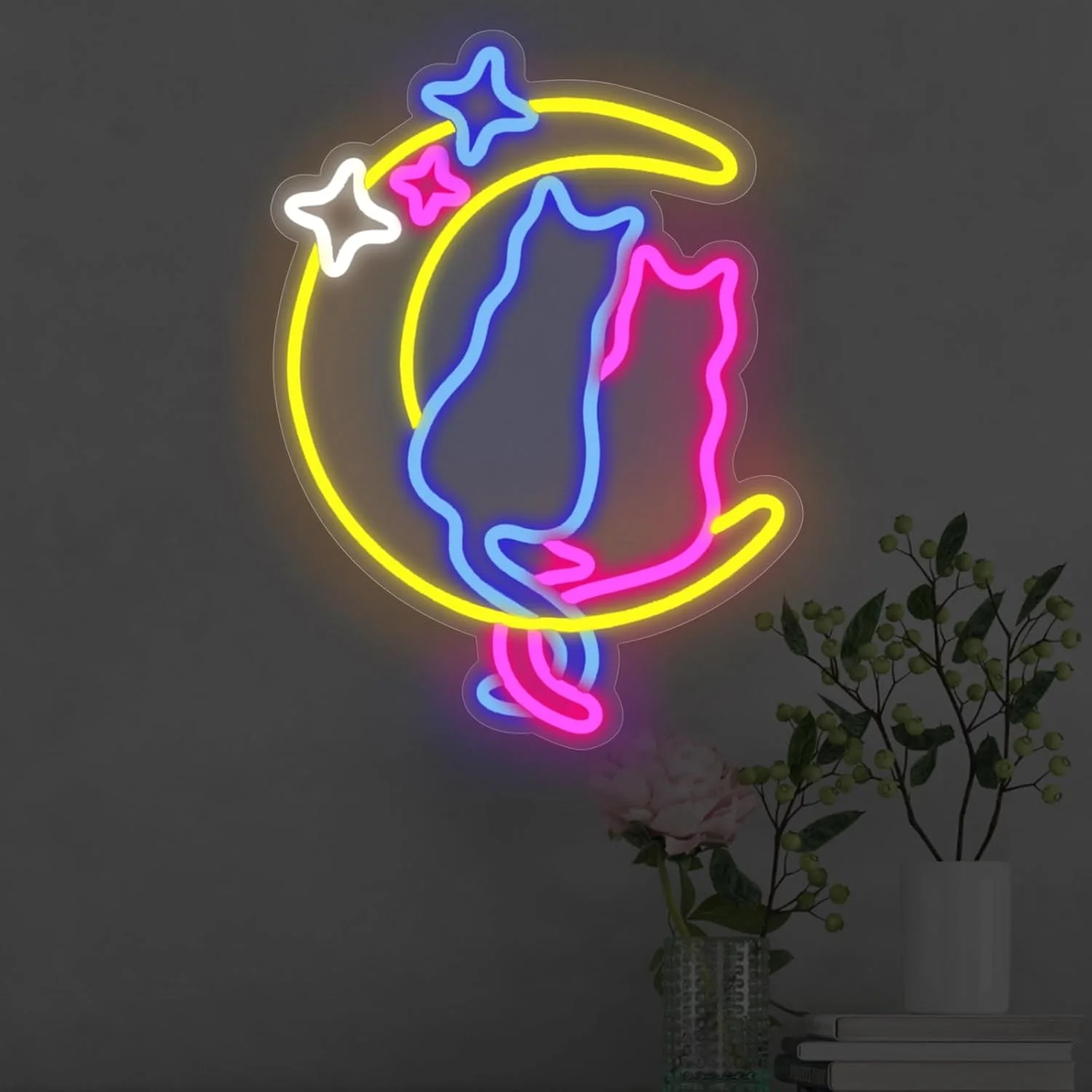 猫と月の形をしたLEDネオンサイン,部屋の壁の装飾,常夜灯,家の装飾 
