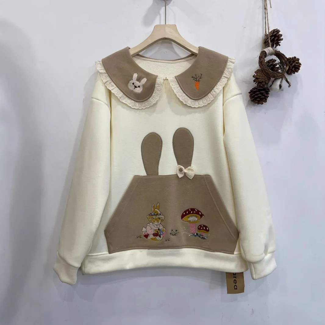 Japanese Sweet Mori Girl Cartoon Embroidery Fleece Sweatshirts Women Autumn Winter Peter Pan Collar Long Sleeve Casual Hoodies