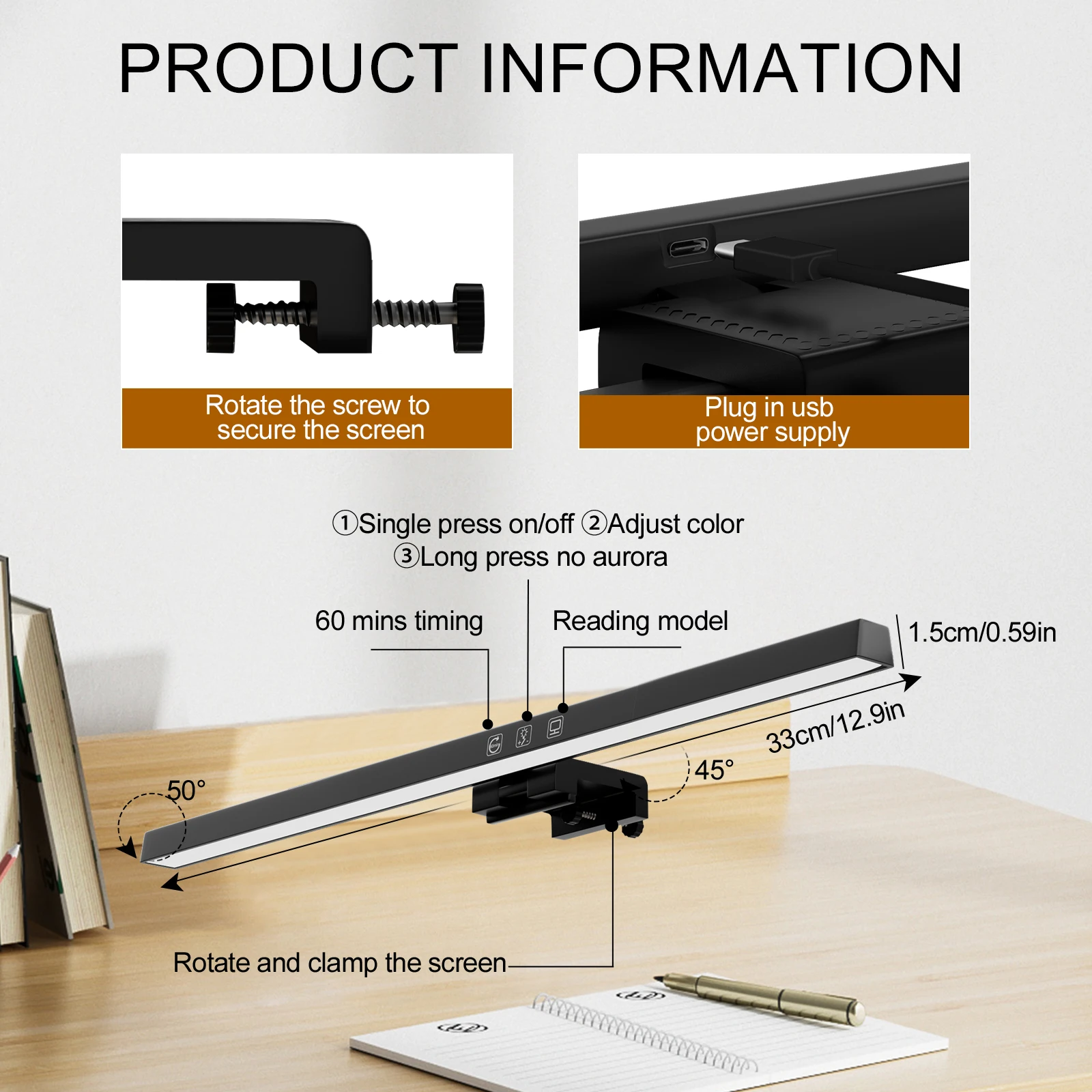 33cm monitor de computador barra de luz tela luzes penduradas stepless escurecimento usb lâmpada mesa para estudo luz leitura lâmpada monitor mesa