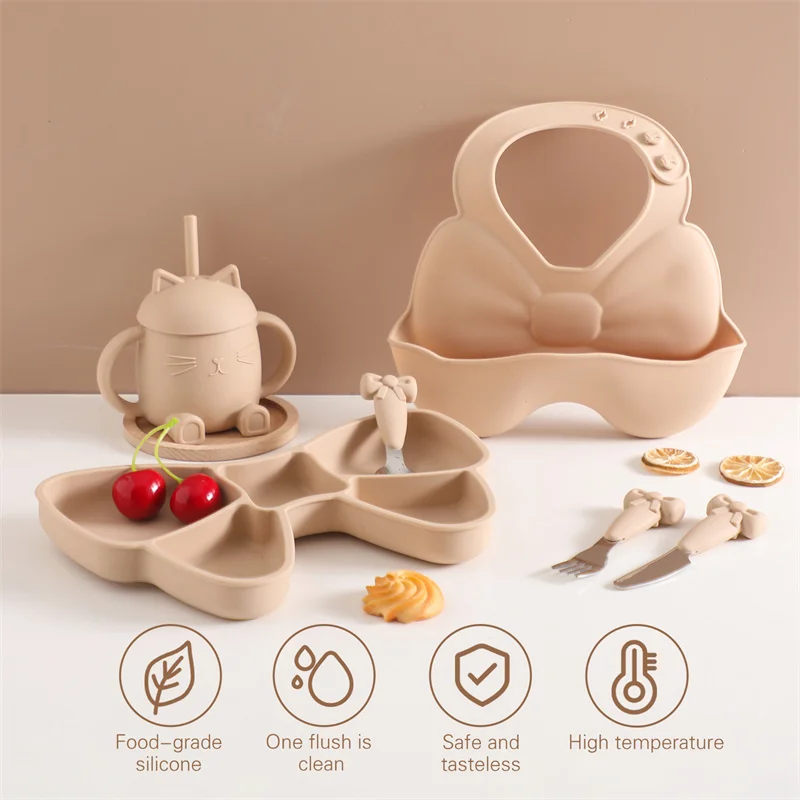 Baby Dish Cup Bowls Plates and Spoons Set Cartoon Tie Dishes Food Silicone Feeding Bowl Non-Slip Babies Tableware Kids product