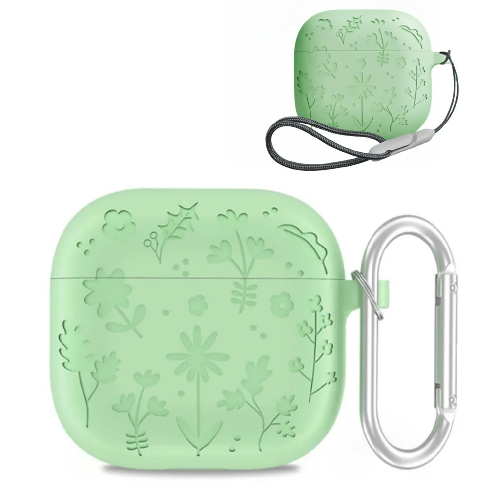 Berukir Bunga untuk Casing AirPods 4 Aksesori Kulit Silikon Pelindung dengan Gantungan Kunci & Tali Penyandang untuk Casing AirPods 4 (Biru Muda)