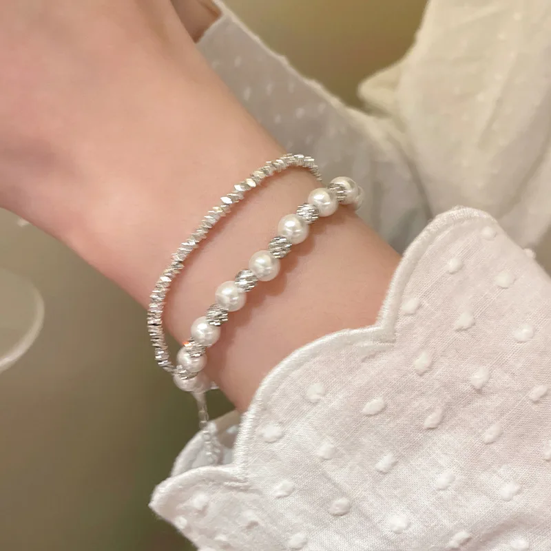 

Titanium steel non-fading pearl and silver beaded bracelet for women