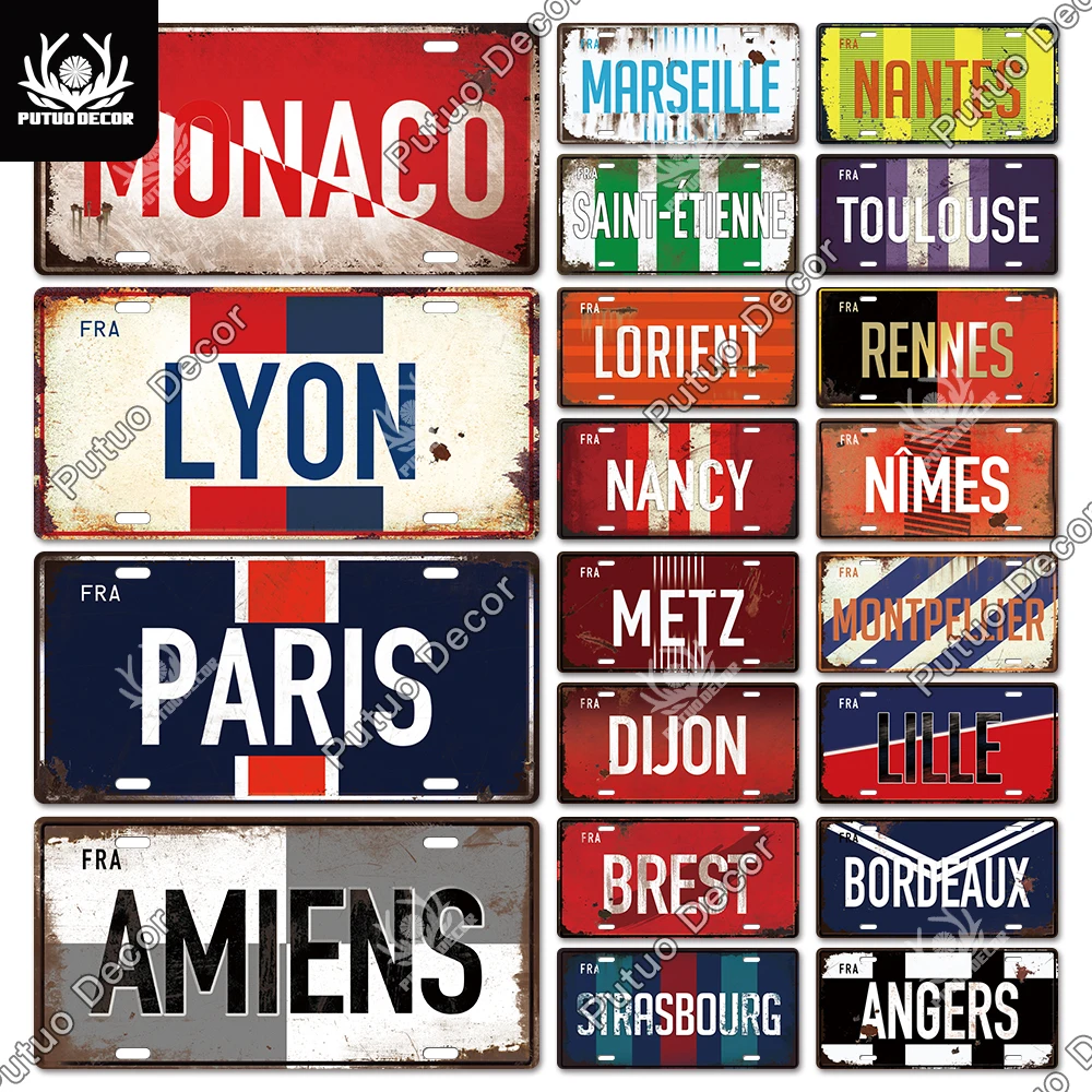 Putuo Decor French City Metal Sign Licenses Plate Plaque Metal Vintage Tin Sign Decor Bar Pub Man Cave Club Decoration