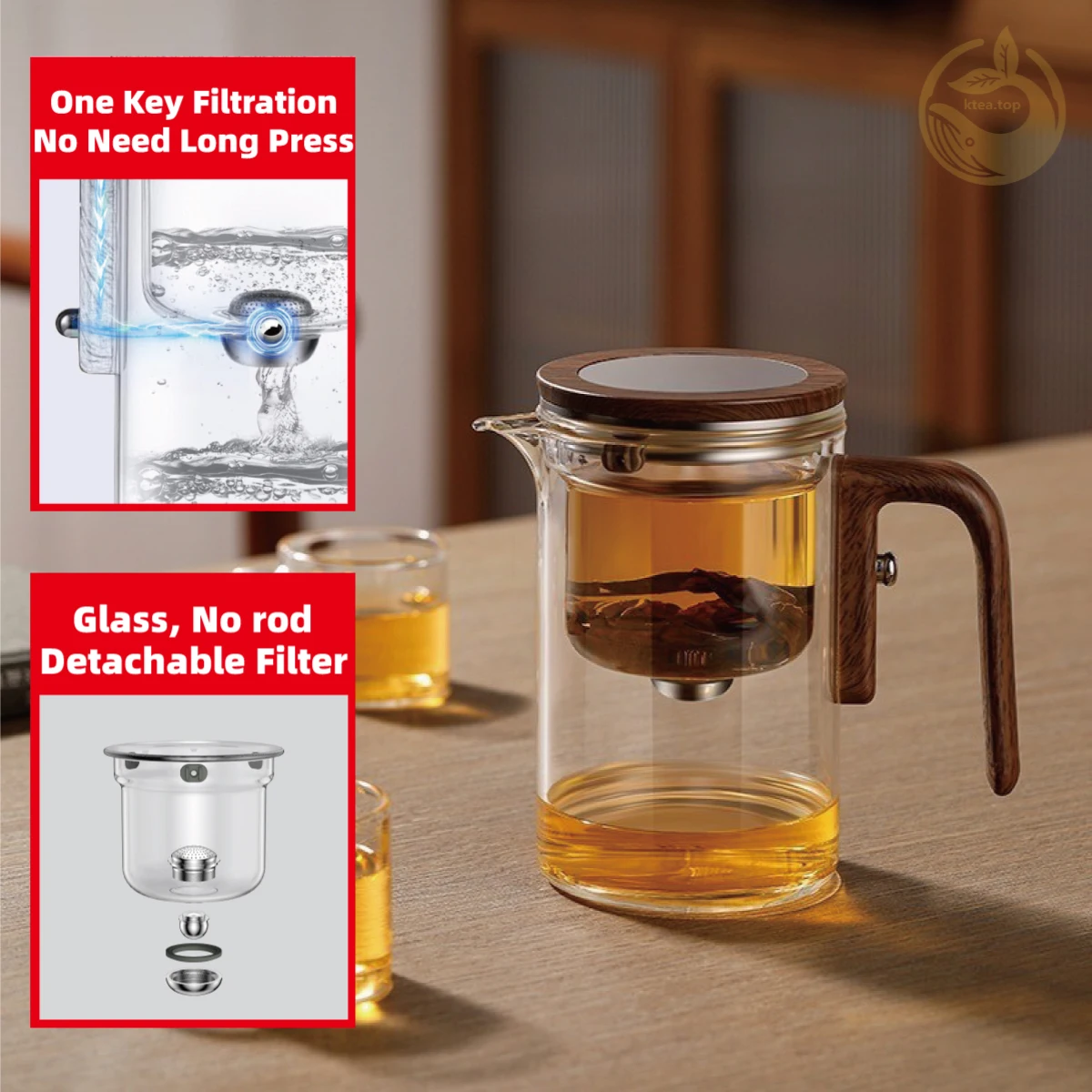 KTea Elegant Magic: Premium One-Touch Filtration, (No Rod) Glass Tea Pot/Set w/Detachable Filter for Kung Fu Tea, Herbal Tea