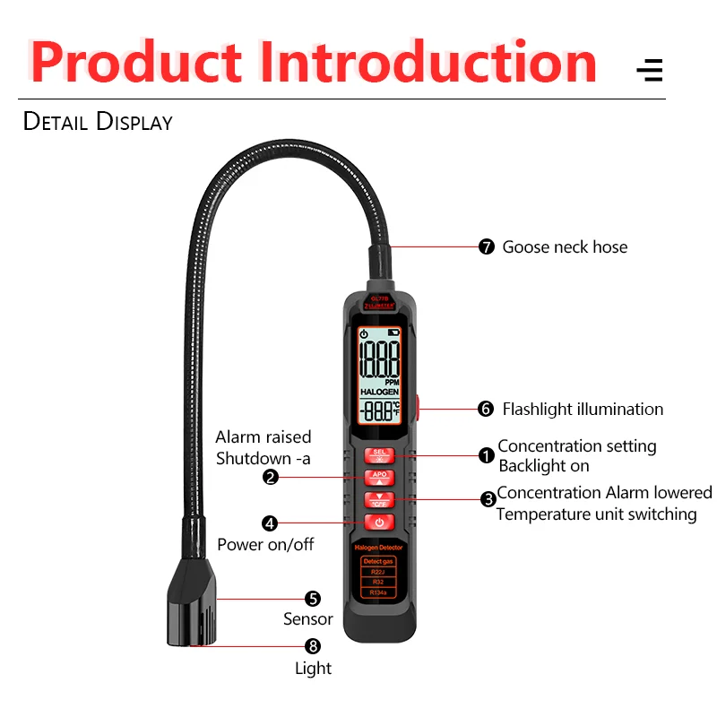 

Freon Leak Detector Halogen Leak Detector R11、R12、R22、R123、R124、R500、R502、R503 Refrigerant Gas HVAC Air Conditioner Tester Tool