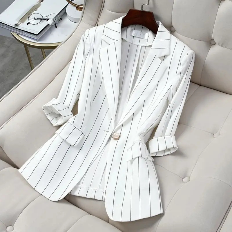 

Spring Summer 2025 Women's Slim Fit Waistcoat ort Striped Suit Jaet Profional Sle Seven Sve Busin Top