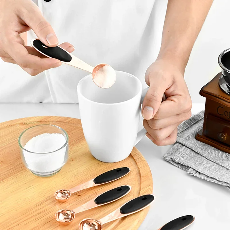 5pcs Rose Gold Measuring Spoons Set Measuring Cups Stainless Steel Kitchen Accessories Baking Tea Coffee Spoon Cooking Tools Set