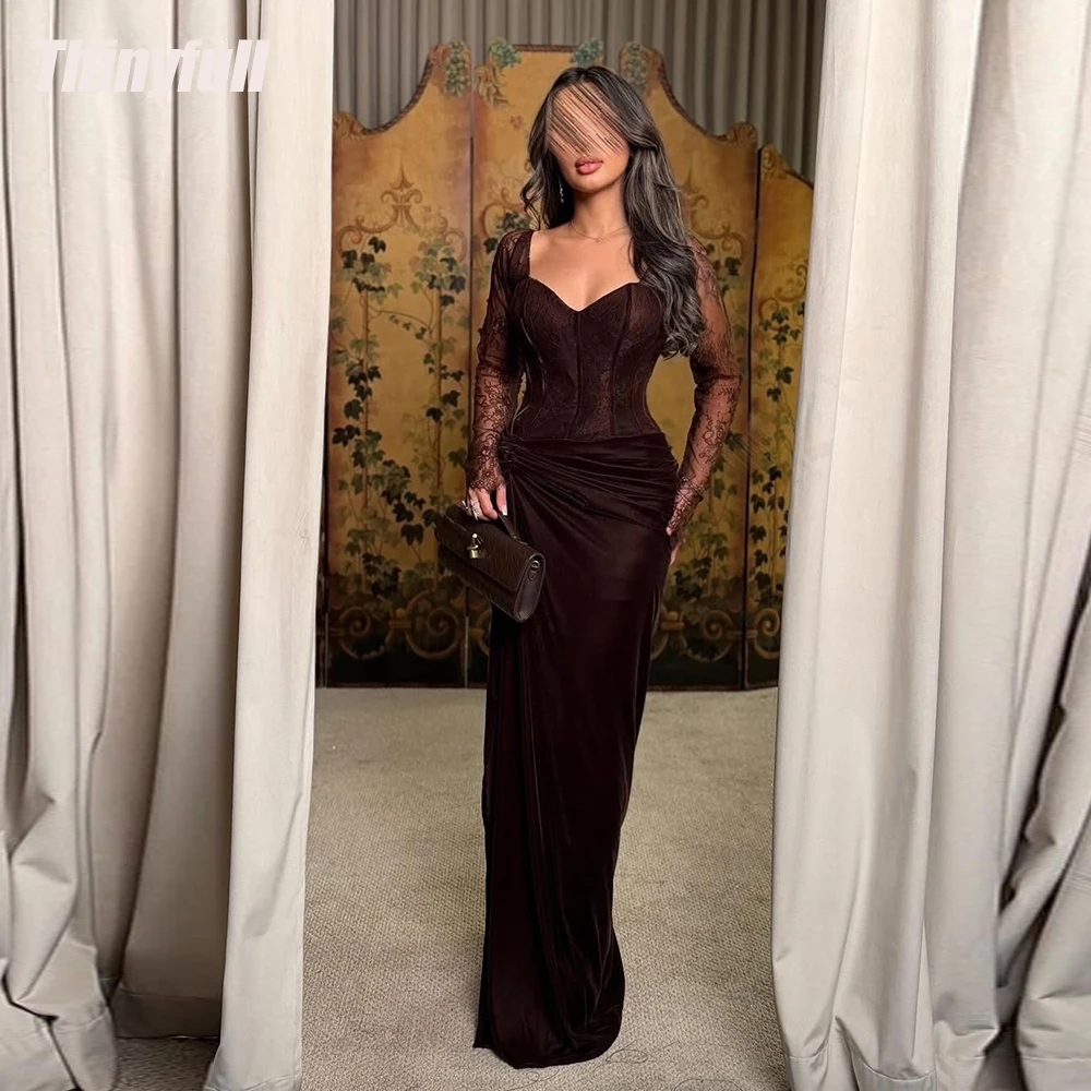 

Thinyfull Mermaid Velvet/Lace Prom Dresses Sweetheart Full Sleeves Evening Dress Long Formal Gown Robe De Soirée Customized