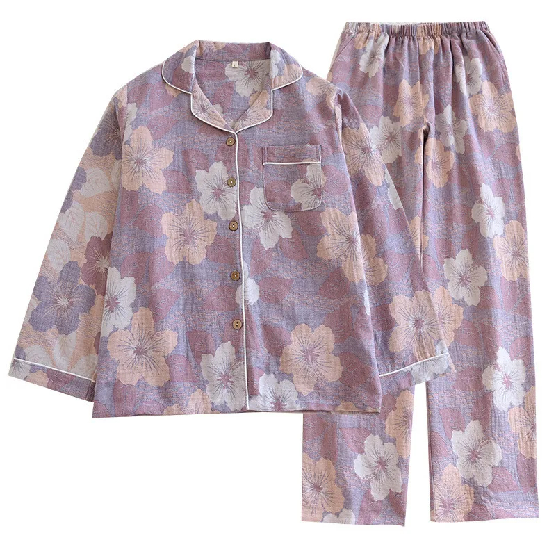 

Japanese Spring Autumn Print Floral Women's Pajama Set Cotton Vintage Long sleeved Shirt Pants Two Piece Set