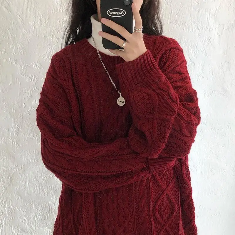 Red Vintage Knitted Sweaters Autumn Winter Pullovers for Women Chic Baggy Students Korean Style Aesthetic College Stylish Basic