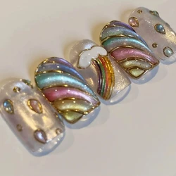 10Pcs Handmade Manicure Short Coffin Fake Nails New Cute Rainbow Limite Nails Press On Nails Design with Adhesive Nail File Set