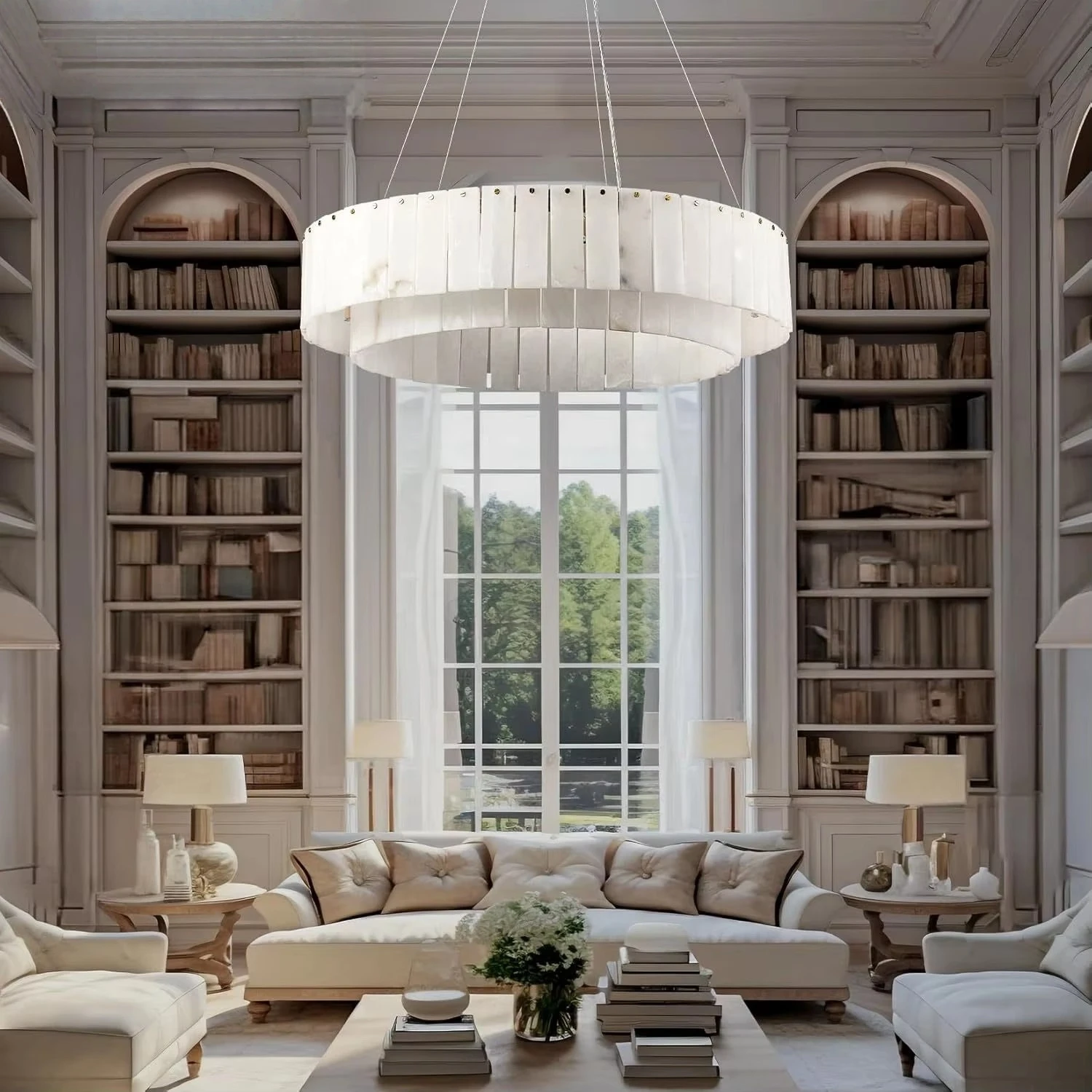 

Round Alabaster Pendant Lights Modern Spanish Natural Marble Chandeliers Ring For Living Dining Room Bedroom Entryway Foyer