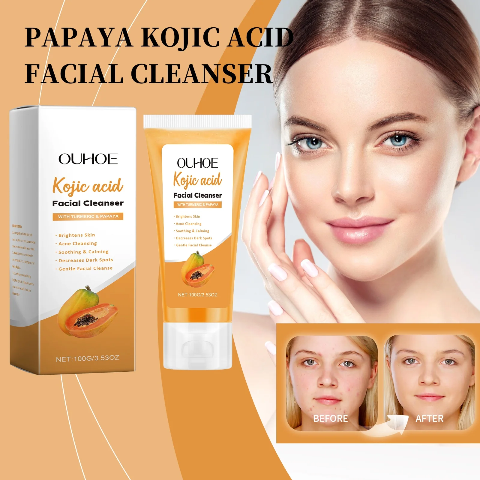 

Papaya Kojic Acid Facial Cleanser Deep Pore Purifying Oil Balancing Moisturizing Gel Wash for Sensitive Balanced Daily Skincare