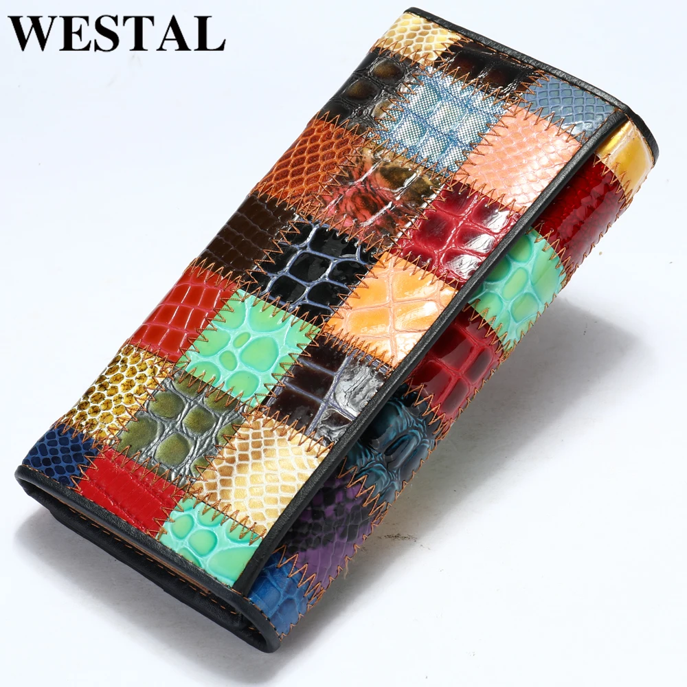 

WESTAL wallet women genuine leather purse female women's leather wallet long patchwork womens wallets and purses for cards 544