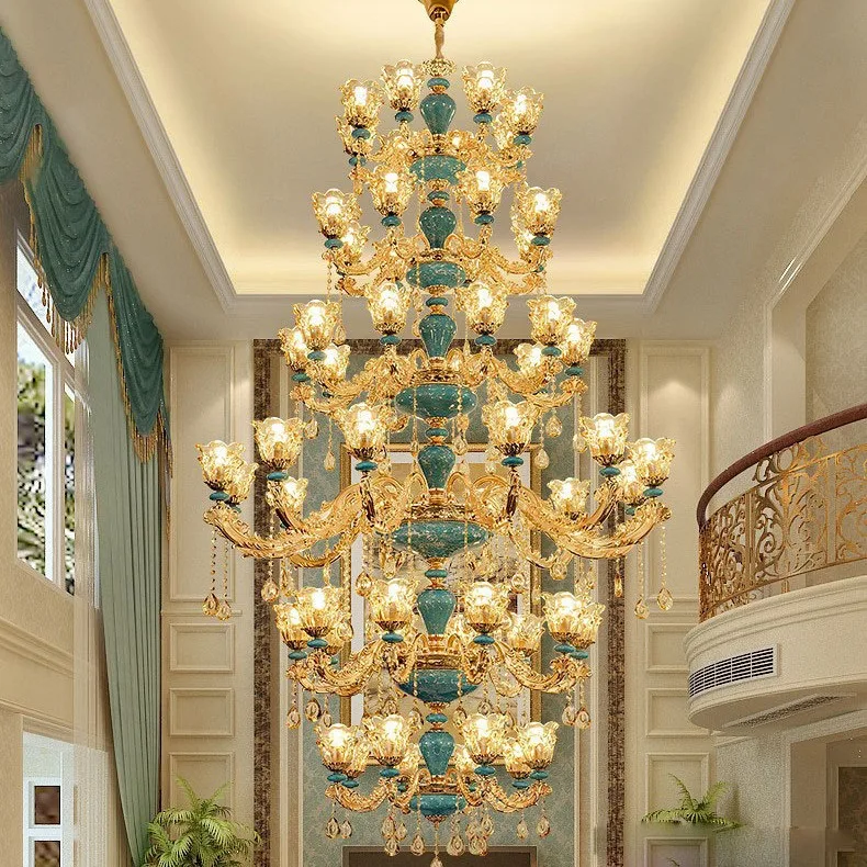 

Duplex building, living room, large chandelier, European style, villa, crystal, hall, hotel