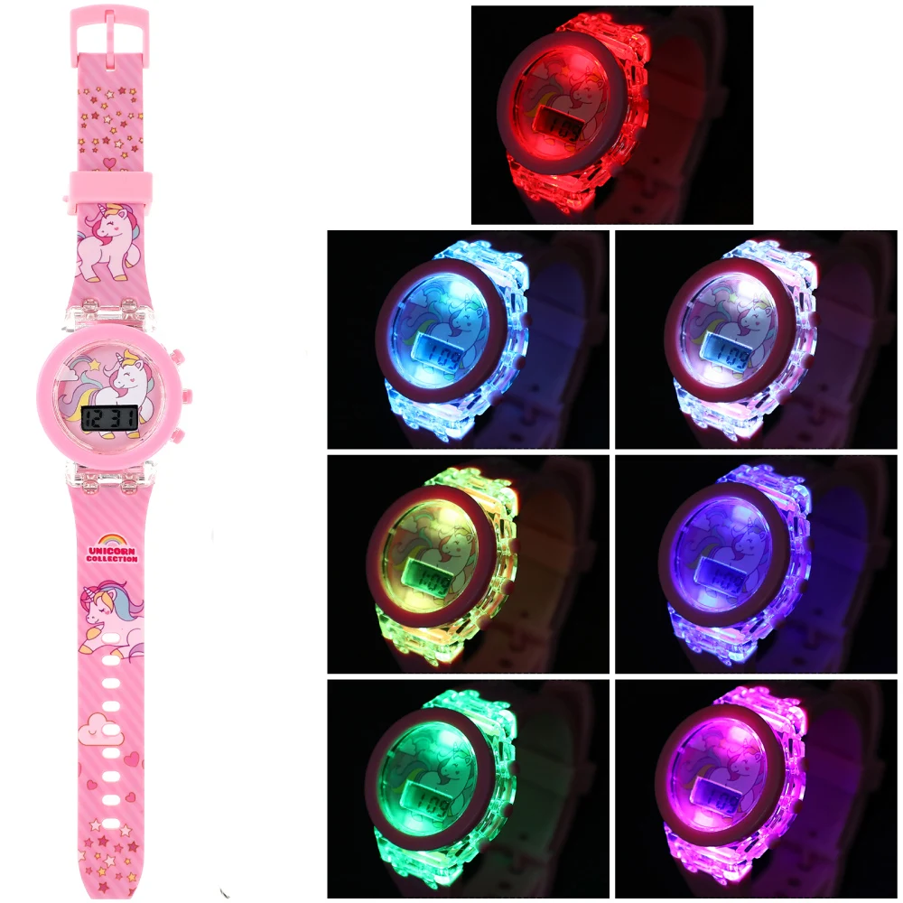 Montres licorne dessin animé pour enfants, collection de montres pour enfants, flash électronique numérique, lumière brillante, comparateur de couleurs, mickey mouse, horloge pour filles