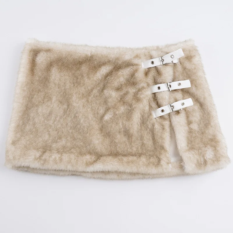 عيد الميلاد الخريف والشتاء الدافئة غير النظامية الفراء مشبك انقسام تنورة Y2k التوابل فتاة شخصية تنورة صغيرة للنساء #4