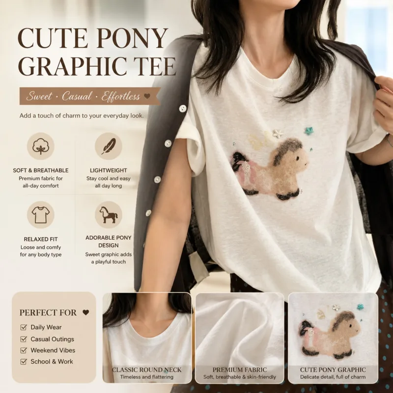 

Cute Cartoon Pony Print Beaded Crew Neck Loose Short Sleeve Casual Soft Cotton T Shirt For Women Summer Daily Outdoor Wear Tee