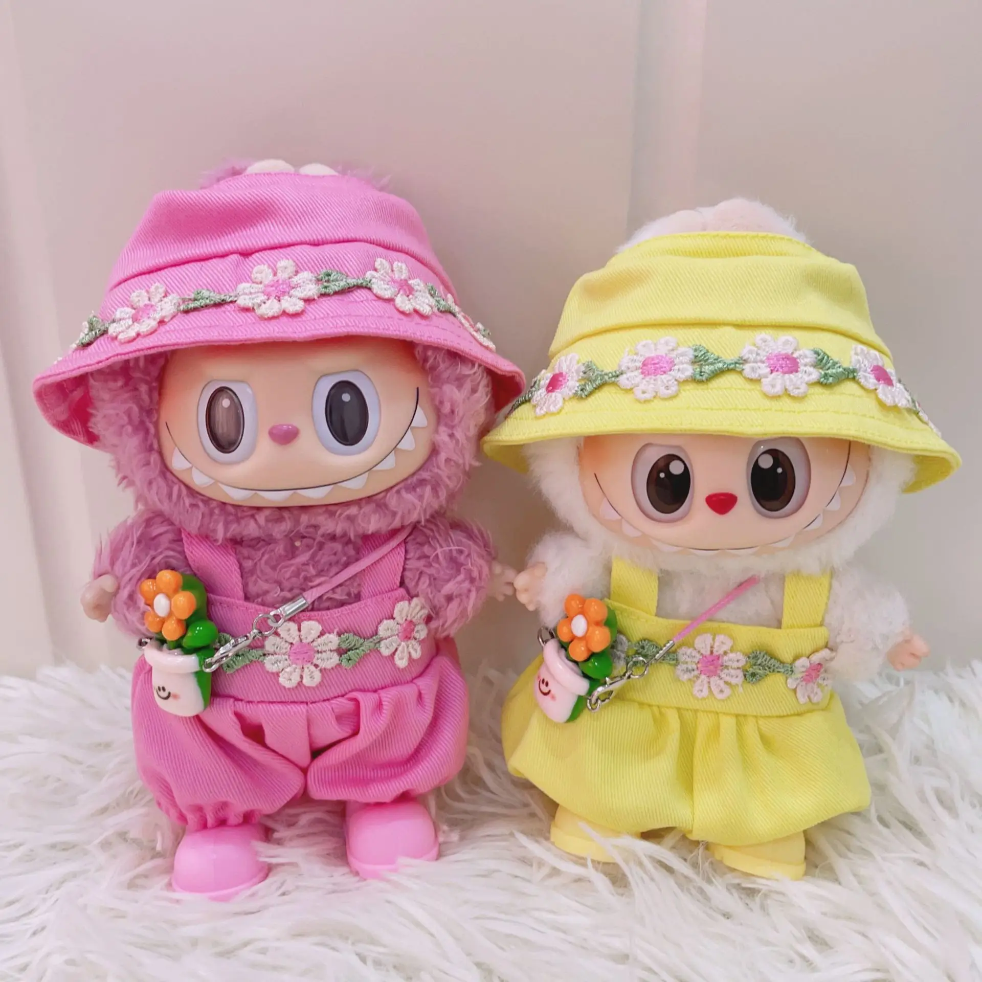 17cm Labubu Doll Clothes Daisy Overalls with Cactus Charm Colorful Shoes Set for Vinyl Figure Hanging Keychain Decor Outfit