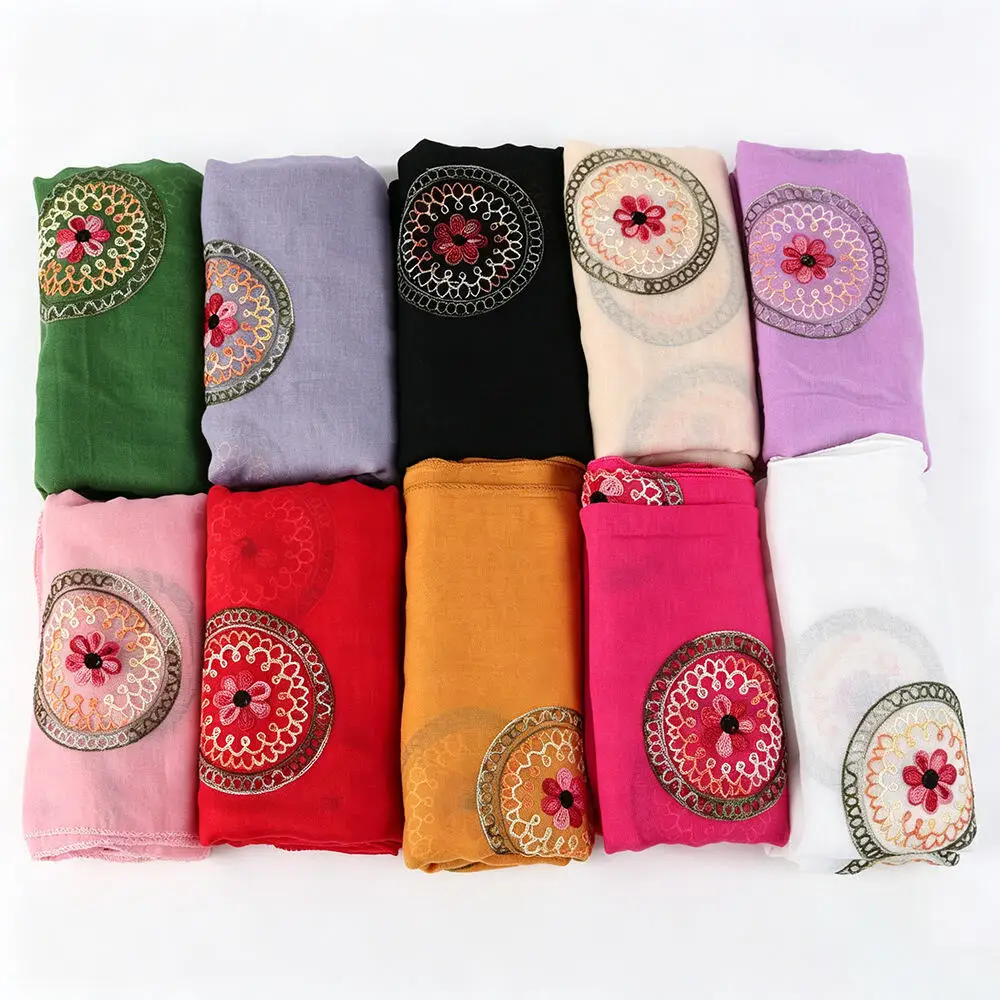 Hijab Scarf Premium Long Chiffon Organza Floral Embroidery Shawl for Women Muslim Spring Summer Sunscreen Wrap