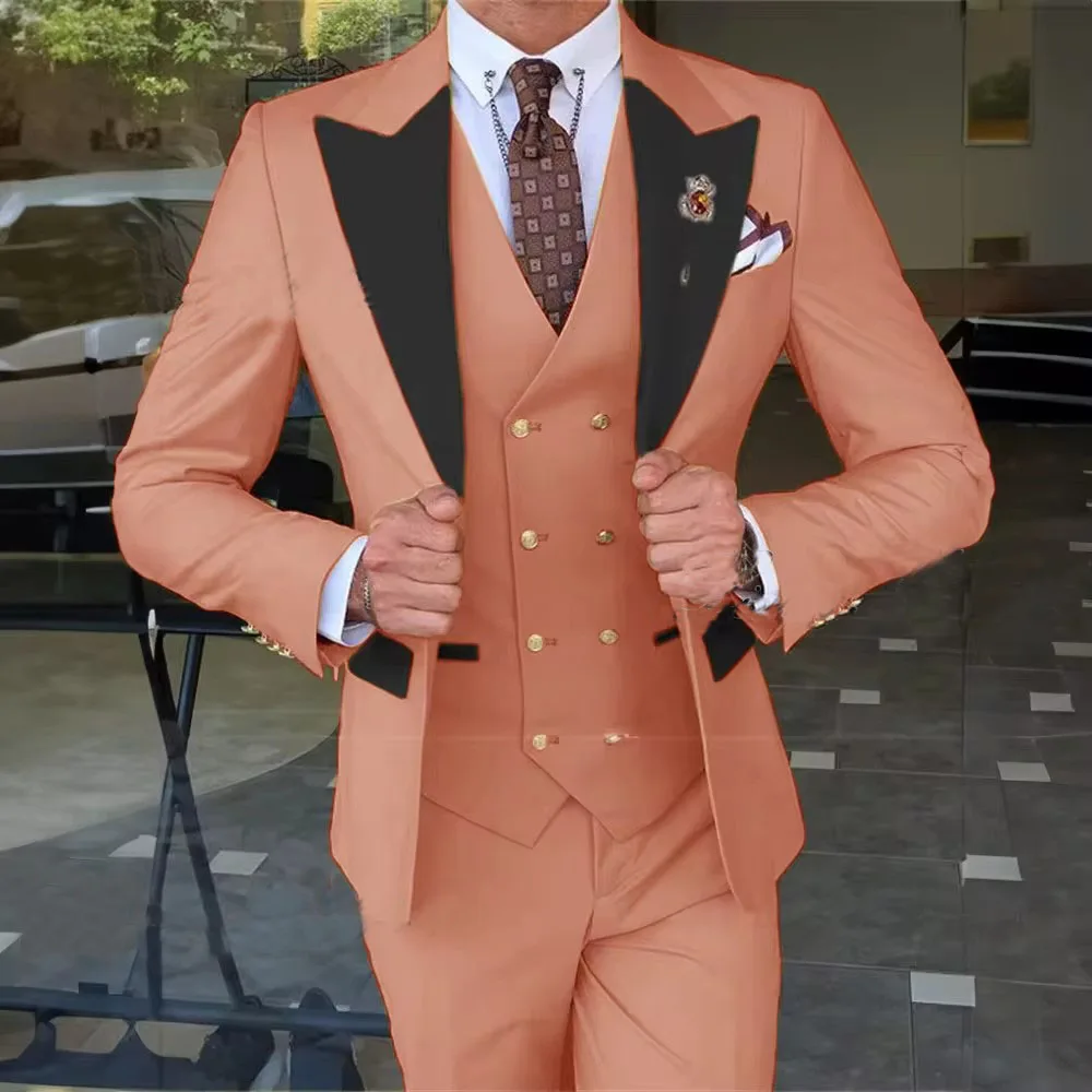 Men Skinny 3 Pieces Set Formal Slim Fit Tuxedo Prom Suit / Male Groom Wedding Blazers High Quality Dress Jacket Coat Pants Vest