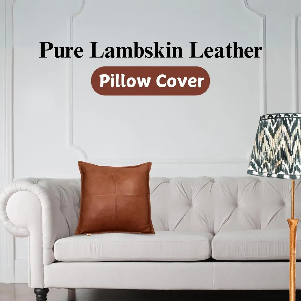 Antique Brown 16x16 Inch Lambskin Leather Pillow Cover - Decorative Throw Cushion for Living Room & Bedroom