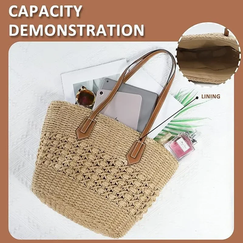 Women's Handwoven Straw Tote Bag Large Capacity Versatile Summer Vegetable Basket Shoulder Bag view 2