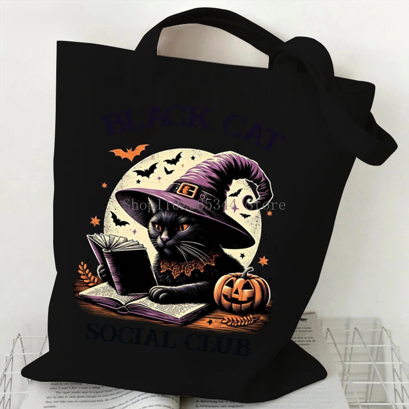 Girls Halloween Demon Black Cat Witch Tote Bags Gothic Rose Animal Kitten Lover Shopping Bag Harajuku Fashion Cat Women Handbags