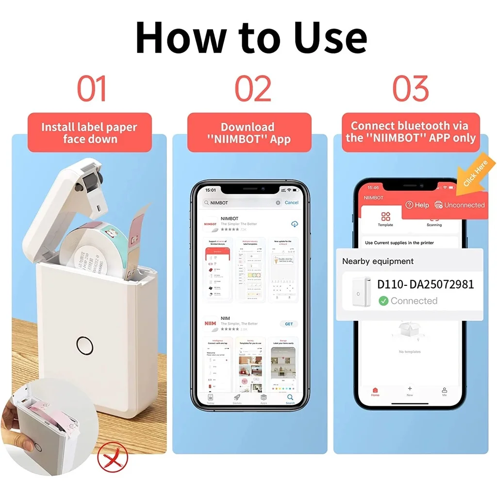 NIIMBOT D110 Label Maker Machine Portable Sticker Printer 12-15mm thermal label printer and label paper