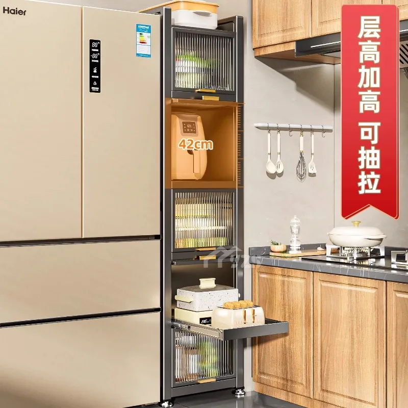 Kitchen with door, pull-out rack, crevice cabinet, refrigerator side floor-to-ceiling microwave oven, multi-functional