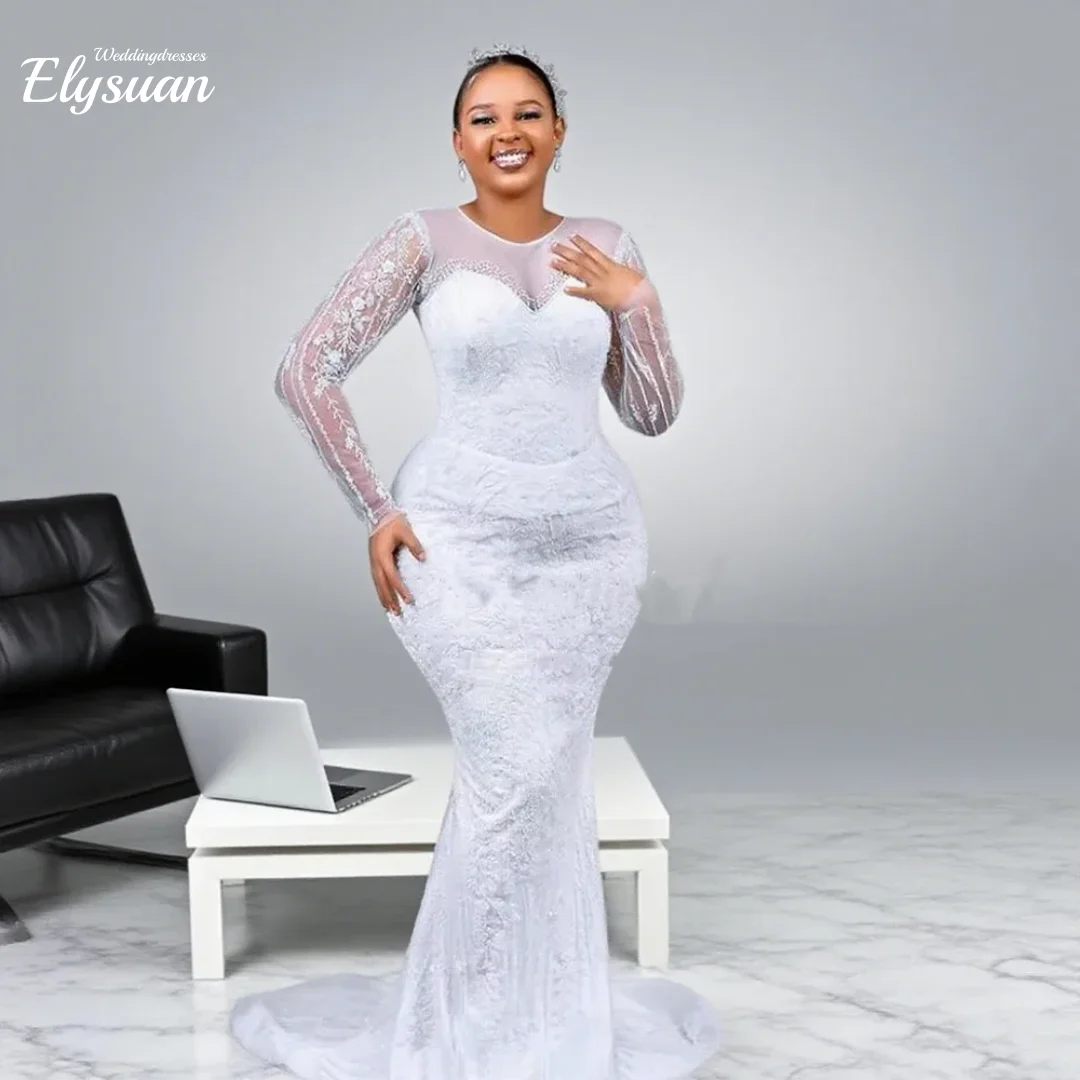 Customized Crystals Beaded Mermaid Wedding Dress Bride O Neck Long Sleeves Lace Appliques Bridal Gowns Dresses Vestidos De Novia
