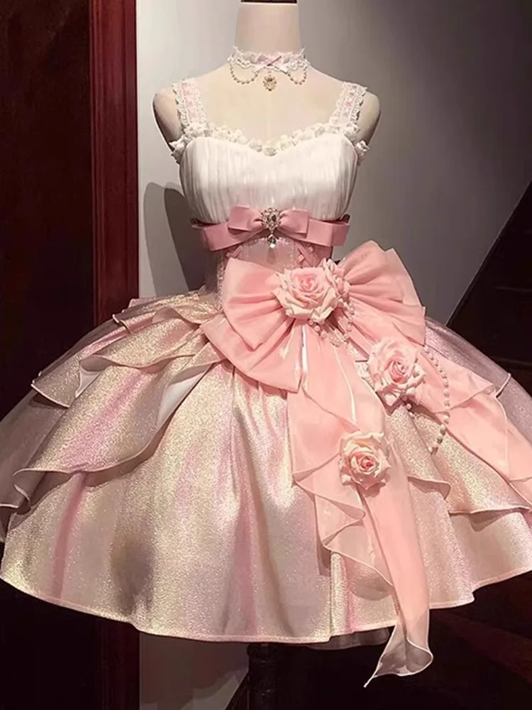 ชุดราตรีสไตล์โลลิต้าสีชมพู รุ่น Princ Sle Rose Heart Knot สำหรับผู้หญิง นักศึกษา งานวันเกิด พิธีผู้ใหญ่ พิธีกร สีชมพู