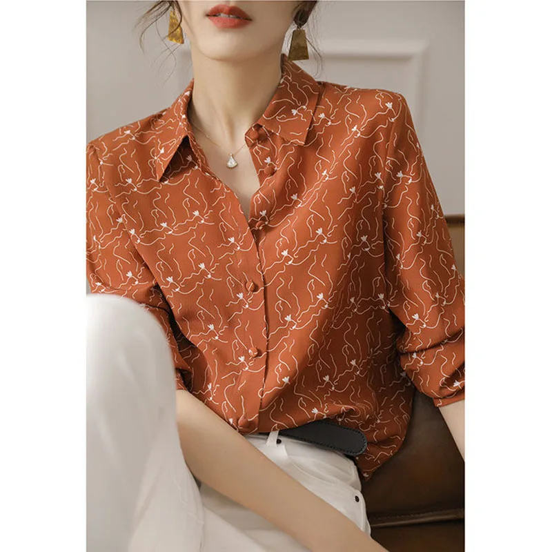 Vintage Printed Lapel Button Loose All-match Shirt Women\'s Clothing 2022 Autumn New Casual Tops Long Sleeve Office Lady Blouse