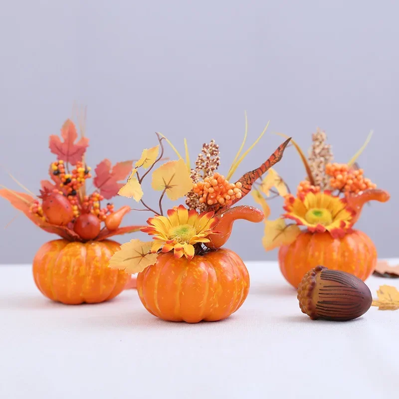 Autumn Colored Artificial Pumpkin, Simulated Maple Leaf Coral Fruit Ornaments, Halloween And Thanksgiving Home Decoration Items