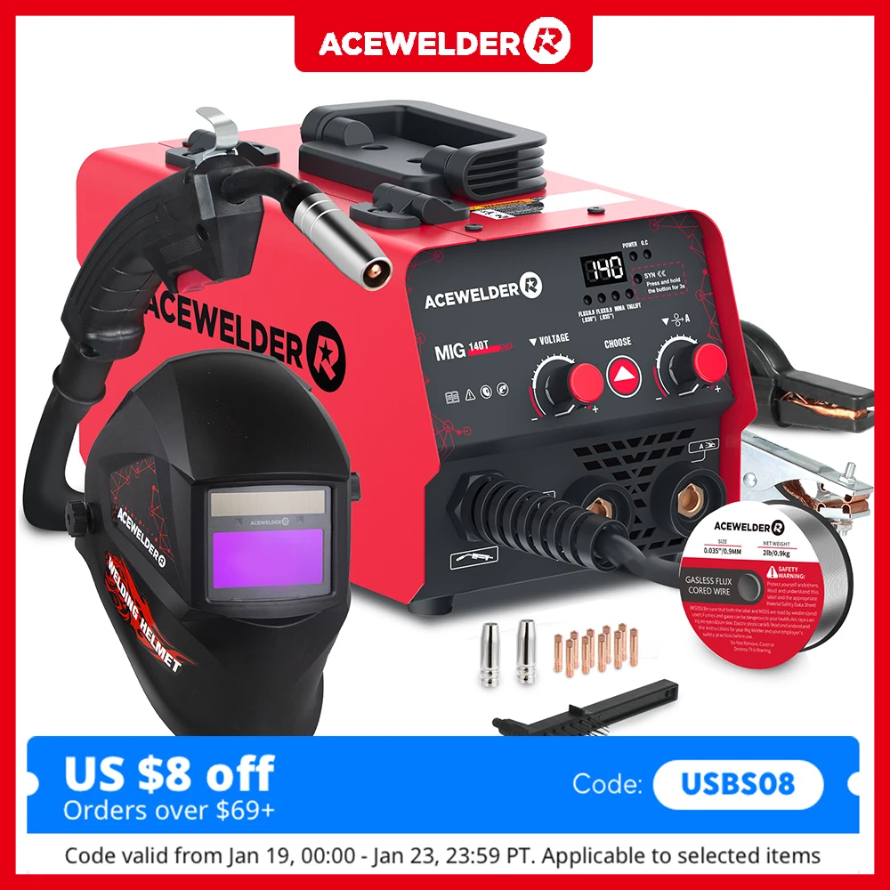 ACEWELDER 3 In 1 Welding Machine 140A Flux Cored MIG ARC Lift TIG Welder 110V IGBT Inverter Gasless Welding Machine