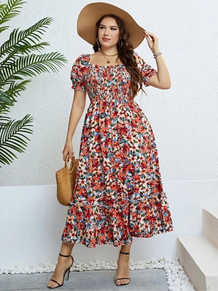 Plus Size Summer Boho Floral Beach Dress Women Elegant Slim Laides Dresses 3xl 4xl Fashion Long Woman Dress 2023 Vestido Mjuer