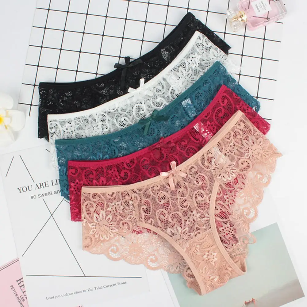 Women Underpants Solid Color Hollow Out Lace Bow-knot See-through Protective Thin Mid Waist Lady Briefs Women Accessory