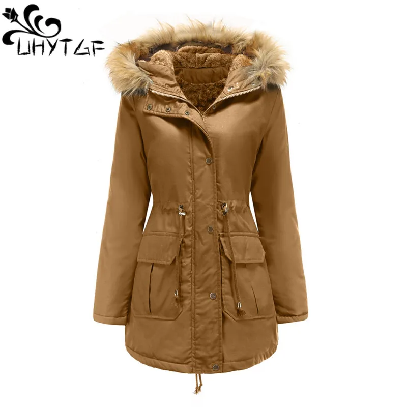 

UHYTGF Winter Jacket Women's Fashion Fur Collar Hooded Cold-Proof Warm Coat Female Plush Thicken Parkers Ladies Outerwear 2652