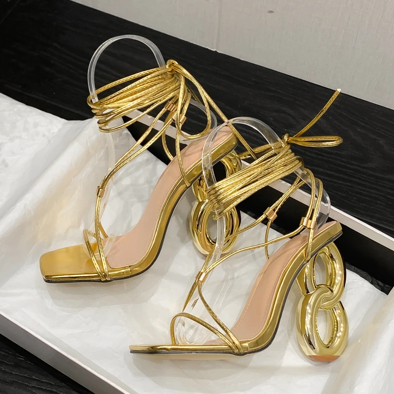 Gladiator Narrow Band Square Toe Woman Sandals Summer Ankle Lace-up Strange High Heels Banquet Ladies Shoes