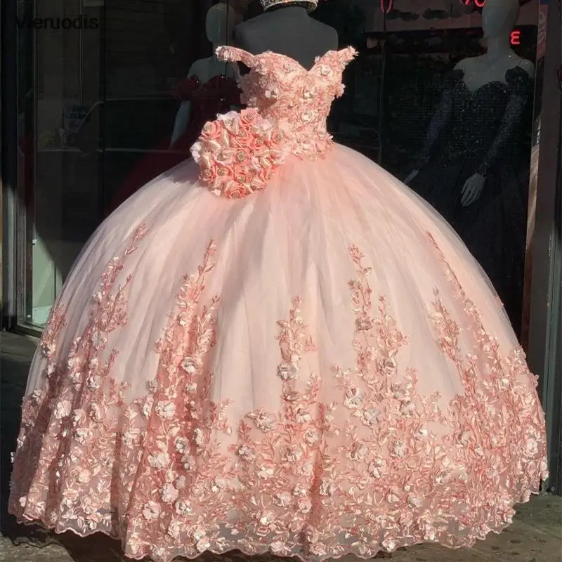 

Pink Quinceanera Dresses Off The Shoulder Appliques Beading Princess Pageant Party Sweet 16 Ball Gown Vestidos De 15 Años