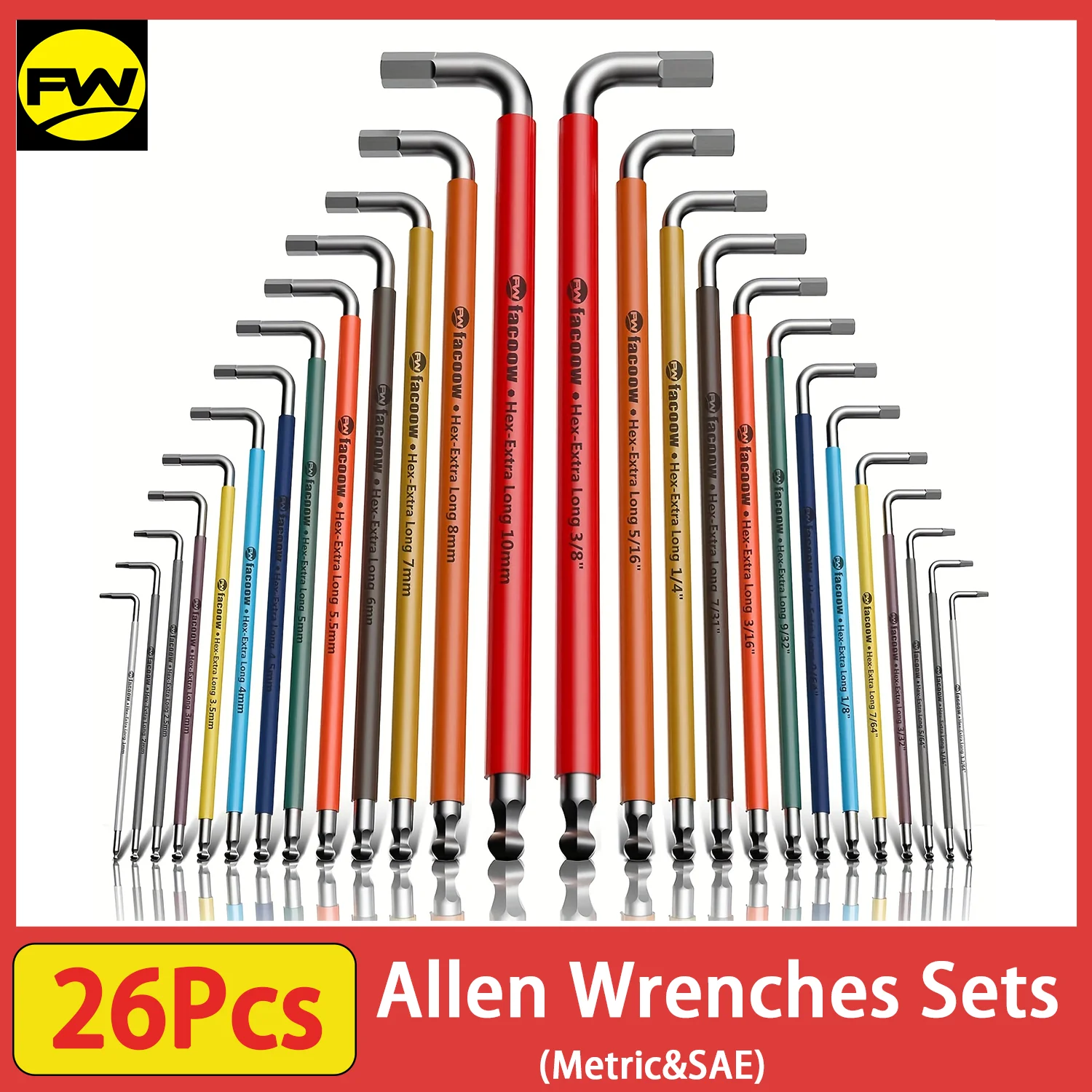 26 قطعة من مجموعات مفاتيح ألين، مجموعة مفاتيح سداسية متري وSAE، مجموعات مفاتيح ألين شديدة التحمل بذراع طويلة جدًا، مفاتيح سداسية ذات نهاية كروية، سلكية ملونة