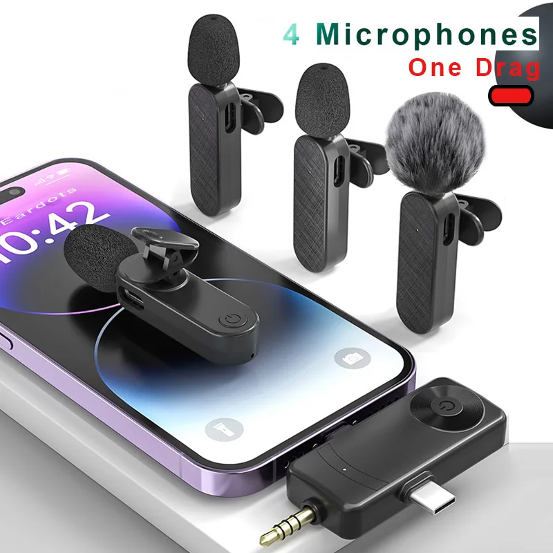 

1 Drag 4 MIC Wireless Lavalier Microphone for iPhone Android 3.5mm Camera Radio Live Recording Noise Reduction Mini Microphone