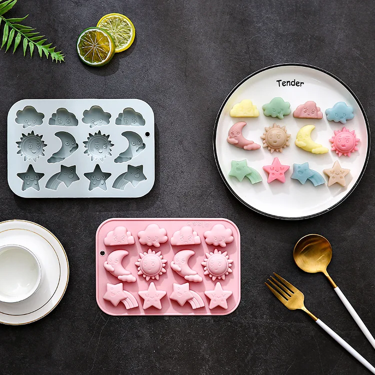 

2 Pack 12-hole Clouds, Moon, Sun, Flowing Heart, Star Shape Silicone Molds Fondant Candy Chocolate Mould Baking Accessories
