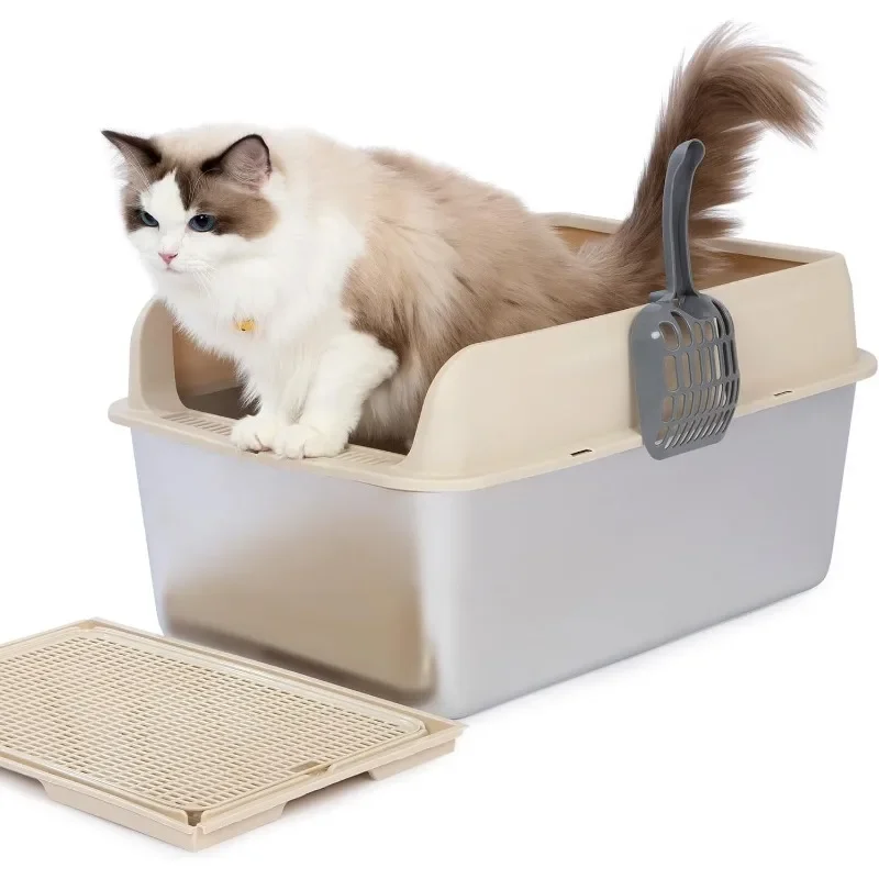 

Stainless Steel Cat Litter Box, Top Entry Metal Litter Box with Lid, Anti-Leakage, Non-Sticky, High Sided, Extra Large