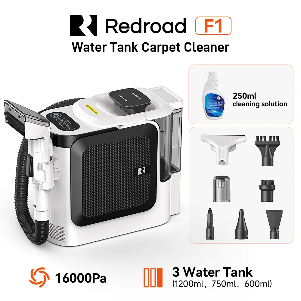 Redroad F1 Dampf-Teppichreiniger 100 ° C Steam 16KPa 1800W Sprühbürste mit Saugfunktion und Selbstreinigung, Drei Wassertanks (Reinigungslösung enthalten), Mehrere Düsen für Sofa, Auto, Schuhe,