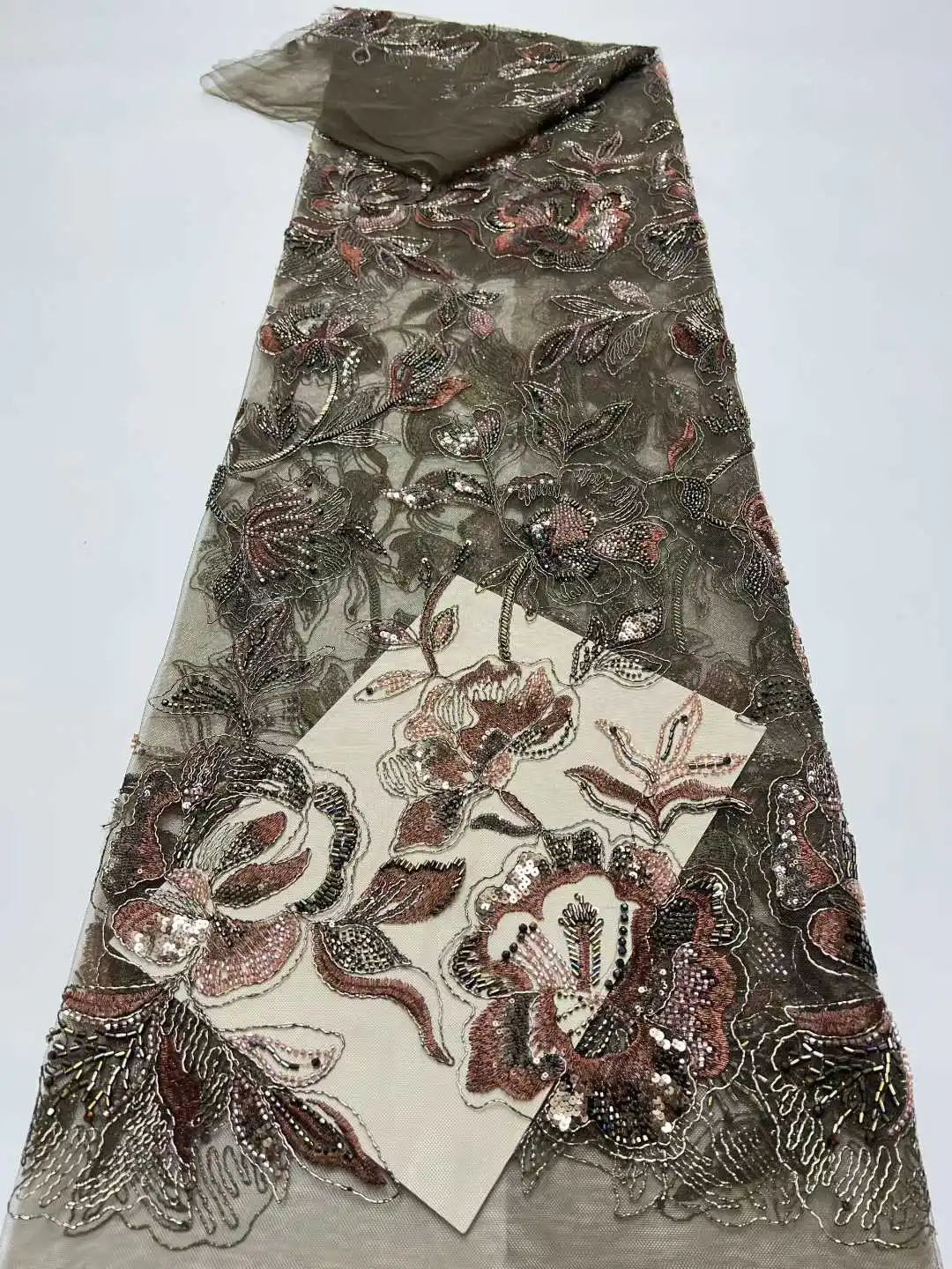 

2025 African Nigerian High-Quality Sequins for Prom Dresses Beads Tulle Lace Fabric Embroidery Sewing Net Cloth 5Yard.
