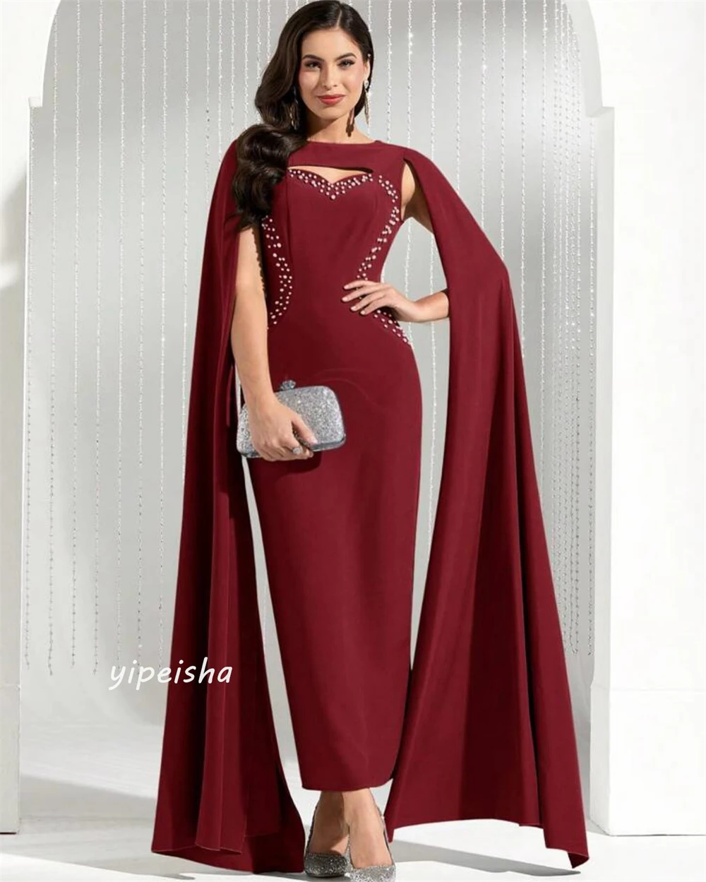 Jersey Beading Draped Pleat Prom Sheath Boat Neck Bespoke Occasion Gown Midi Dresses