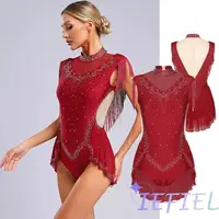 Ropa deportiva para gimnasia artística con empalme de diamantes de imitación brillantes para mujer, Ropa de baile de Jazz, mono de patinaje artístico con falda con borlas